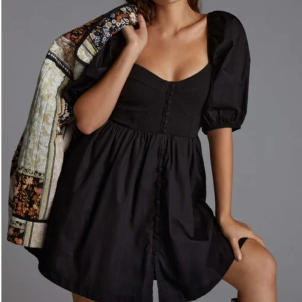 Anthropologie Maeve Puff-Sleeved Sweetheart Mini Dress Black Size Large